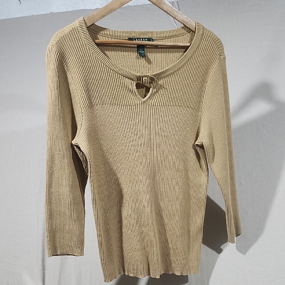 Lauren Ralph Lauren Tan Ribbed Knit Sweater With Gold Buckle Neck Detail Women L